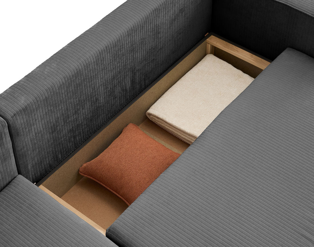 Canapé d'angle convertible avec coffre en velours côtelé plat Topaze