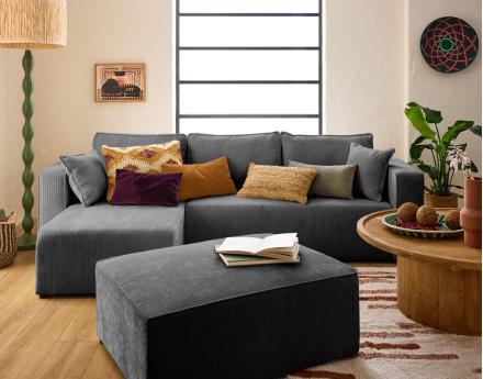 Canapé d'angle convertible avec coffre en velours côtelé plat Topaze