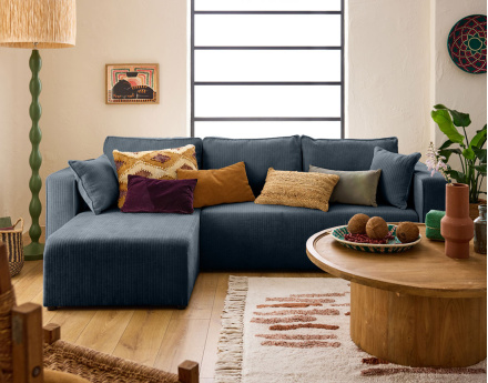 Canapé d'angle convertible avec coffre en velours côtelé plat Topaze