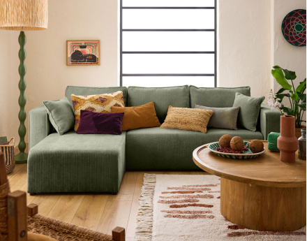 Canapé d'angle convertible avec coffre en velours côtelé plat Topaze