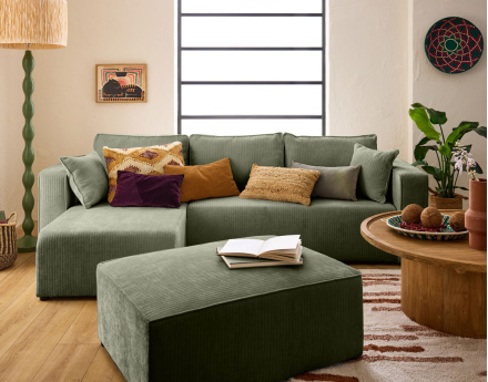 Canapé d'angle convertible avec coffre en velours côtelé plat Topaze