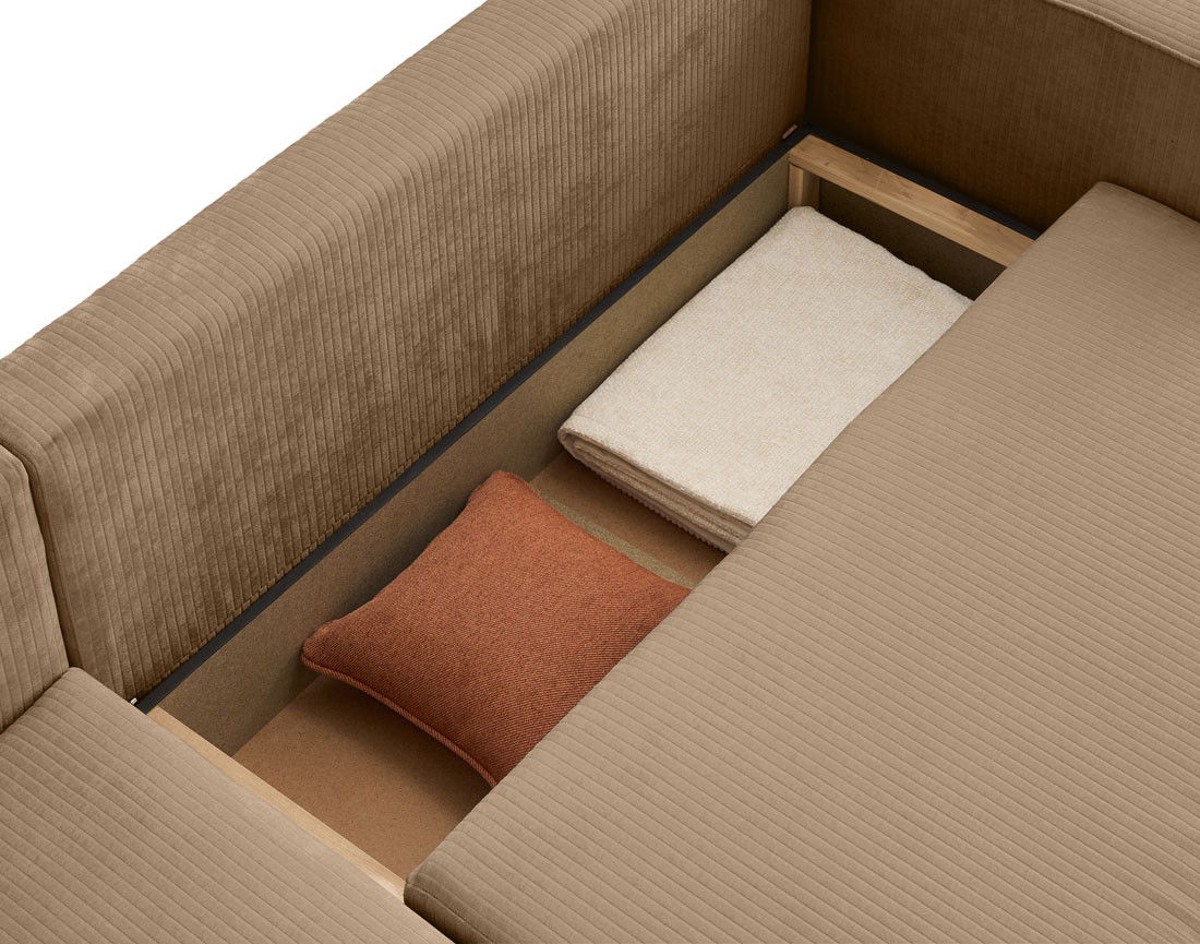 Canapé d'angle convertible avec coffre en velours côtelé plat Topaze
