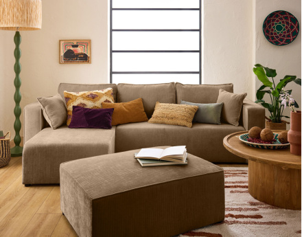 Canapé d'angle convertible avec coffre en velours côtelé plat Topaze