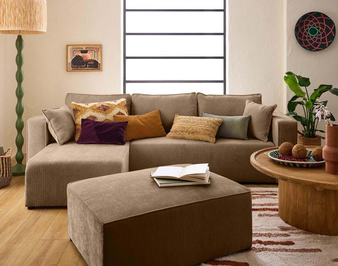 Canapé d'angle convertible avec coffre en velours côtelé plat Topaze