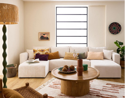 Canapé panoramique convertible avec coffre en velours côtelé plat Topaze