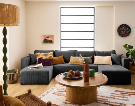 Canapé panoramique convertible avec coffre en velours côtelé plat Topaze