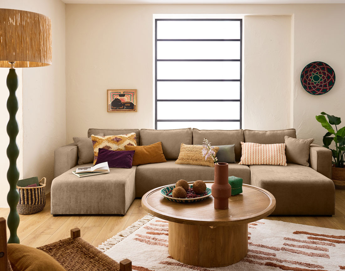 Canapé panoramique convertible avec coffre en velours côtelé plat Topaze