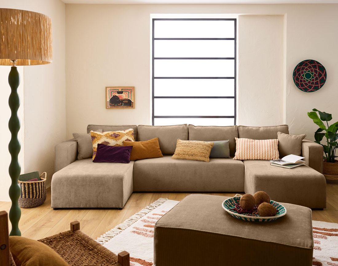 Canapé panoramique convertible avec coffre en velours côtelé plat Topaze