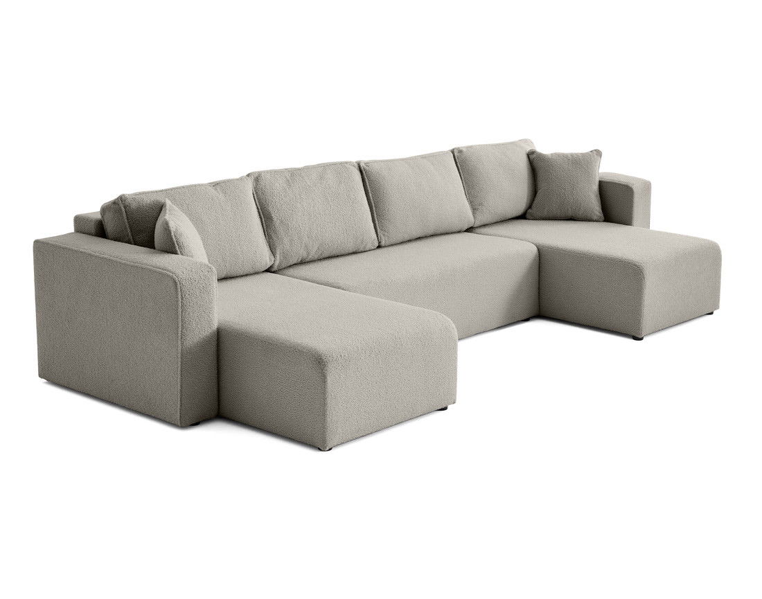 Canapé panoramique en U 7 places convertible avec coffre en tissu bouclette Topaze