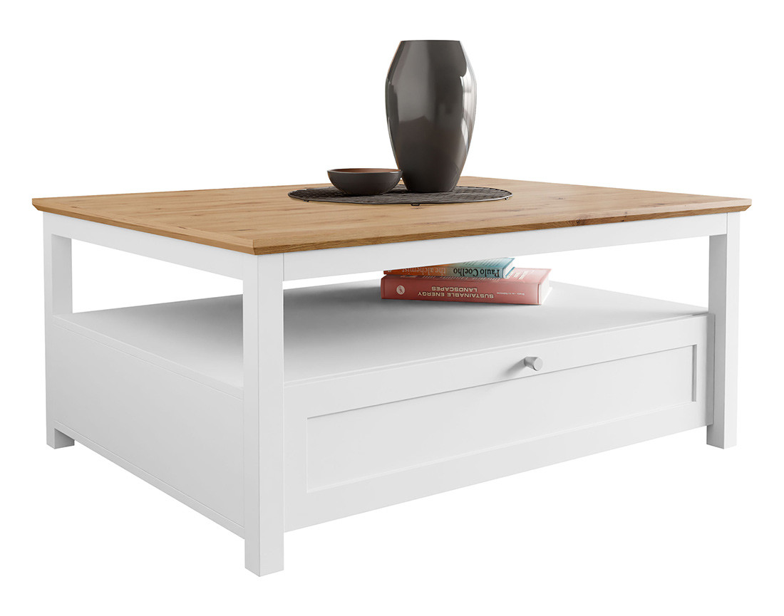 Table basse bois et blanc 1 tiroir et 1 niche 104 cm Francesco