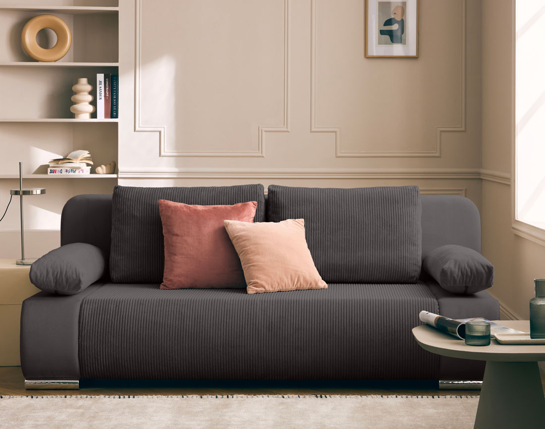 Canapé 3 places convertible avec coffre en velours et velours côtelé Elio