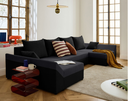 Canapé panoramique en U 7 places convertible avec coffre en velours Mike