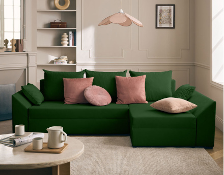 Canapé d'angle réversible 4 places convertible avec coffre en velours Mike