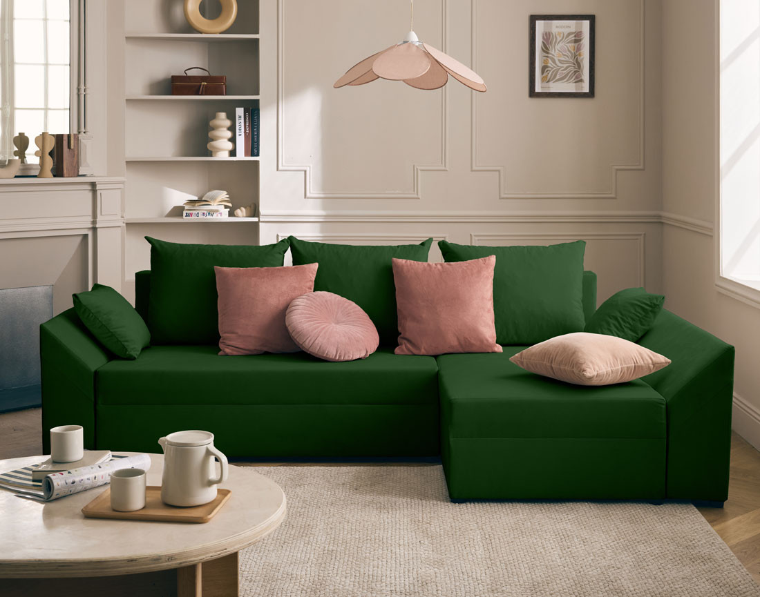 Canapé d'angle réversible 4 places convertible avec coffre en velours Mike