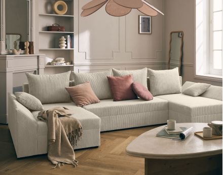 Canapé panoramique en U 7 places convertible avec coffre en velours côtelé Mike