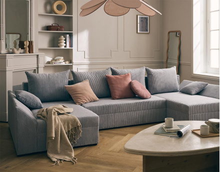 Canapé panoramique en U 7 places convertible avec coffre en velours côtelé Mike