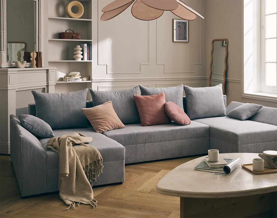 Canapé panoramique en U 7 places convertible avec coffre en velours côtelé Mike