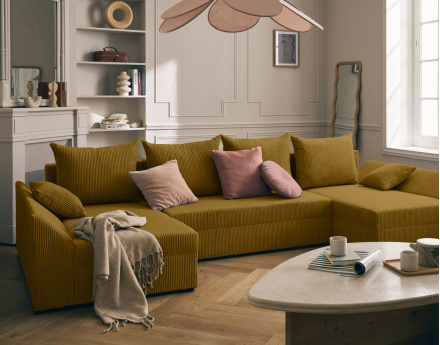 Canapé panoramique en U 7 places convertible avec coffre en velours côtelé Mike