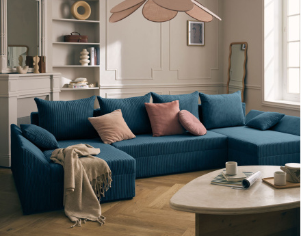 Canapé panoramique en U 7 places convertible avec coffre en velours côtelé Mike