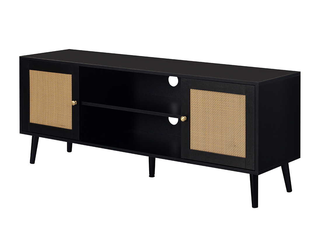 Meuble TV noir et cannage 2 portes et 2 niches 140 cm Goto