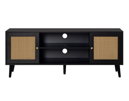 Meuble TV noir et cannage 2 portes et 2 niches 140 cm Goto