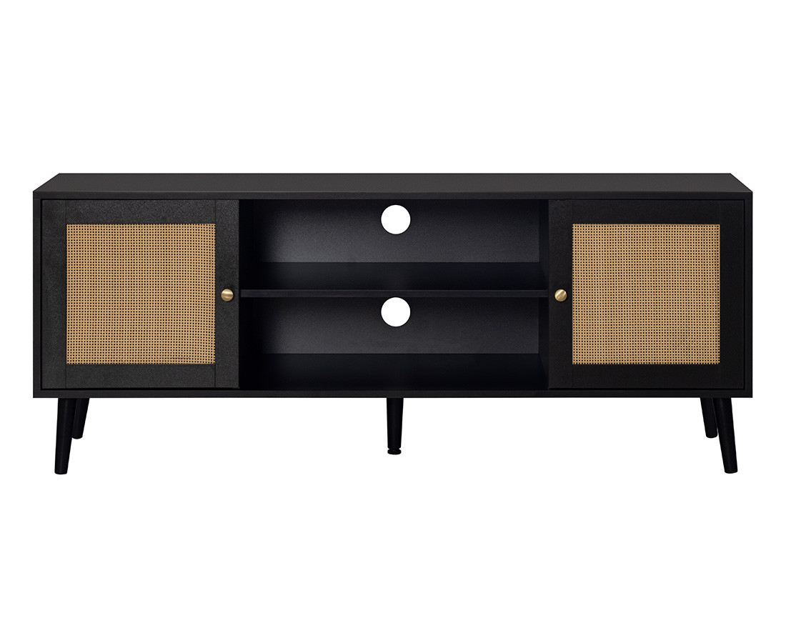 Meuble TV noir et cannage 2 portes et 2 niches 140 cm Goto