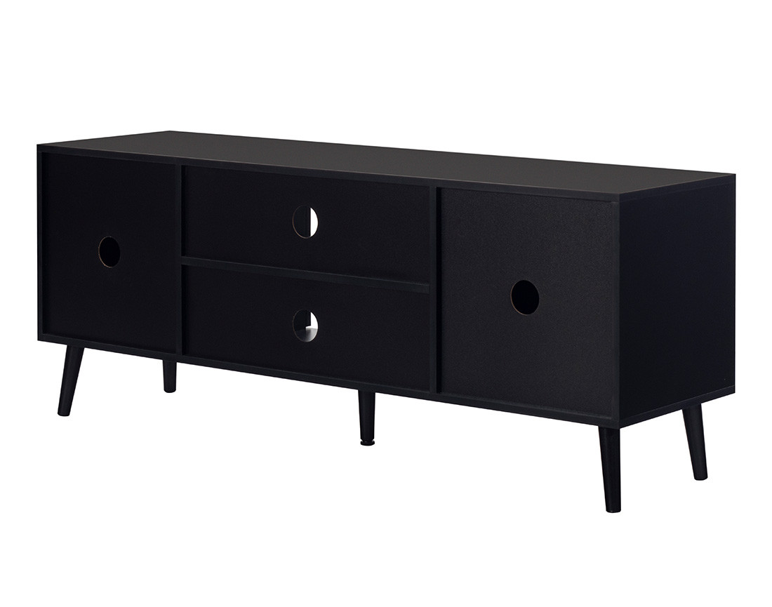 Meuble TV noir et cannage 2 portes et 2 niches 140 cm Goto