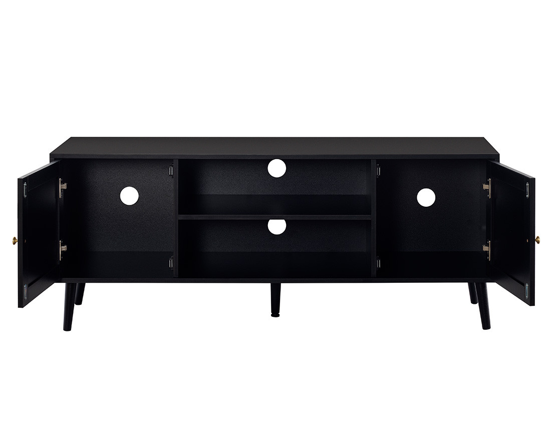 Meuble TV noir et cannage 2 portes et 2 niches 140 cm Goto