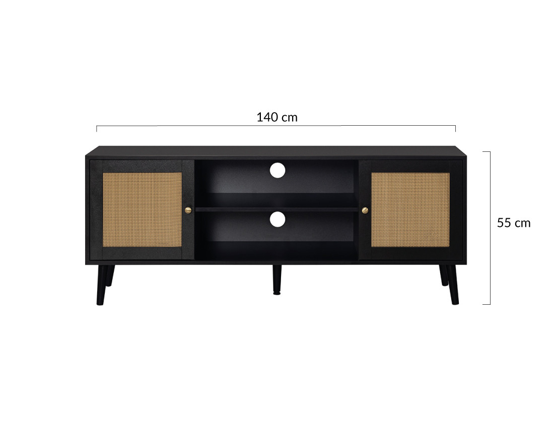 Meuble TV noir et cannage 2 portes et 2 niches 140 cm Goto