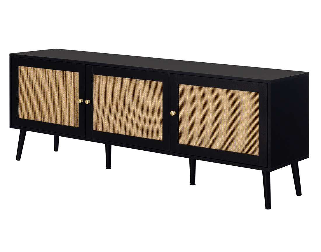 Meuble TV noir et cannage 3 portes 167 cm Goto