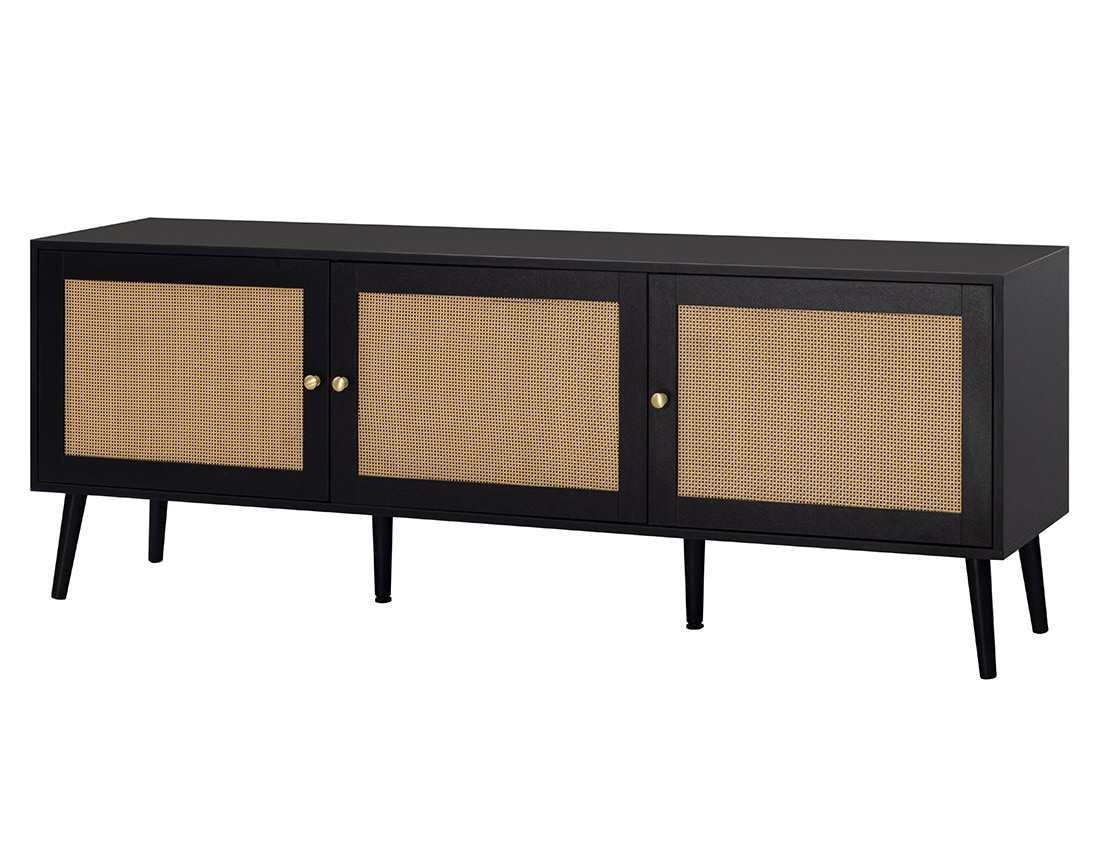 Meuble TV noir et cannage 3 portes 167 cm Goto