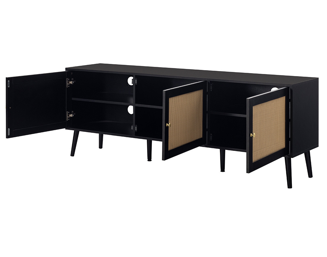 Meuble TV noir et cannage 3 portes 167 cm Goto