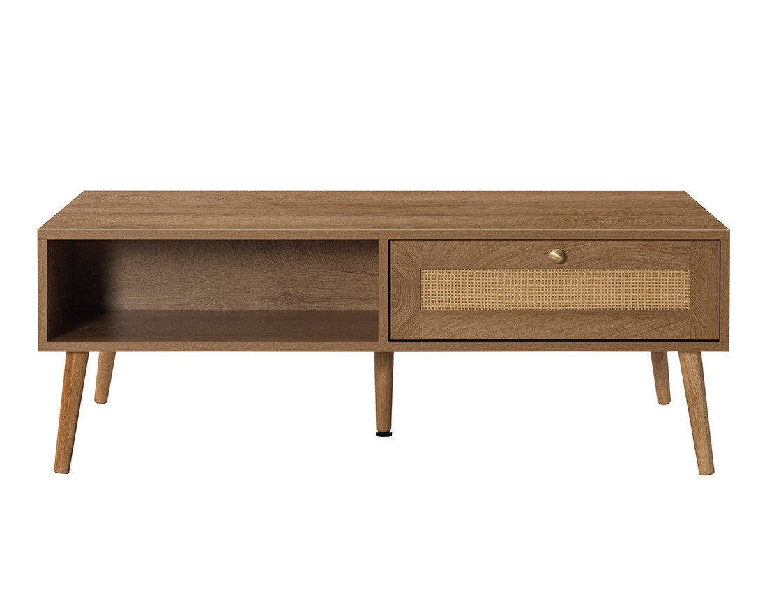 Table basse bois et cannage 1 tiroir et 1 niche 110 cm Goto