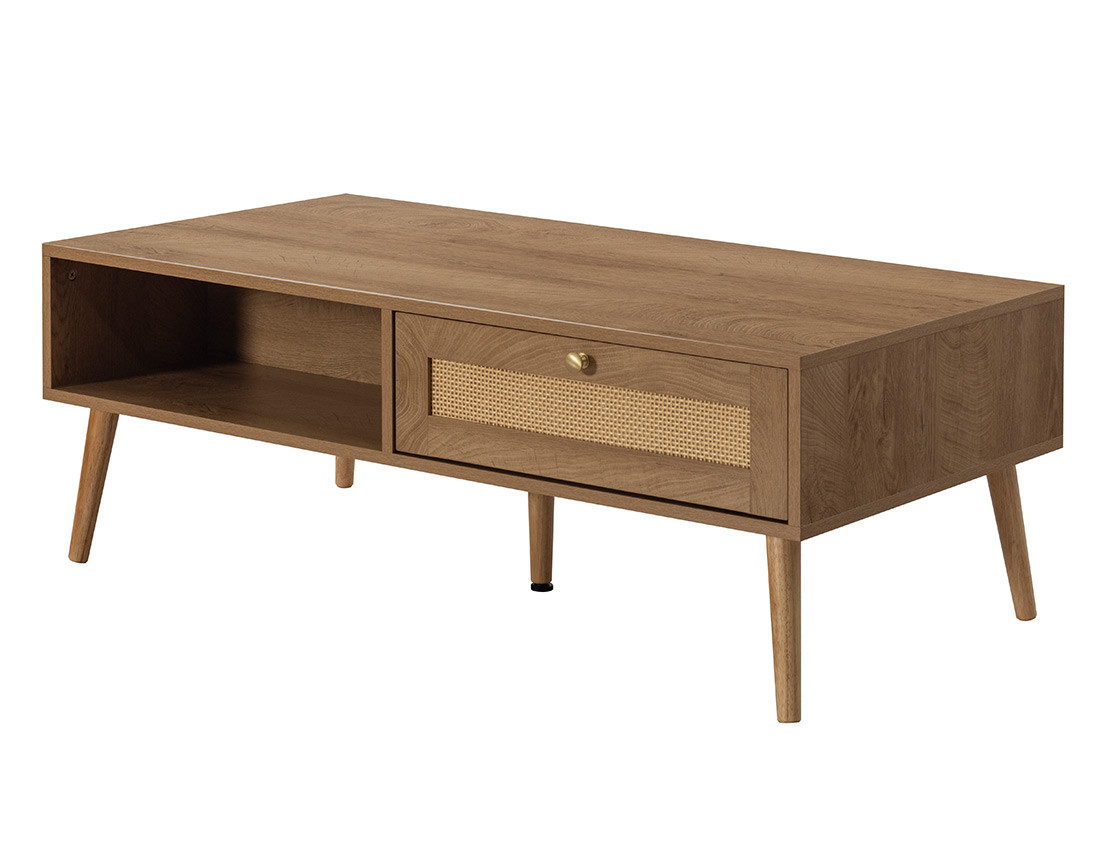Table basse bois et cannage 1 tiroir et 1 niche 110 cm Goto