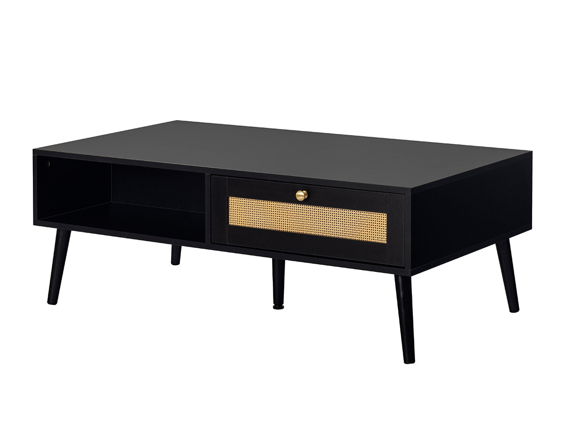 Table basse noir et cannage 1 tiroir et 1 niche 110 cm Goto