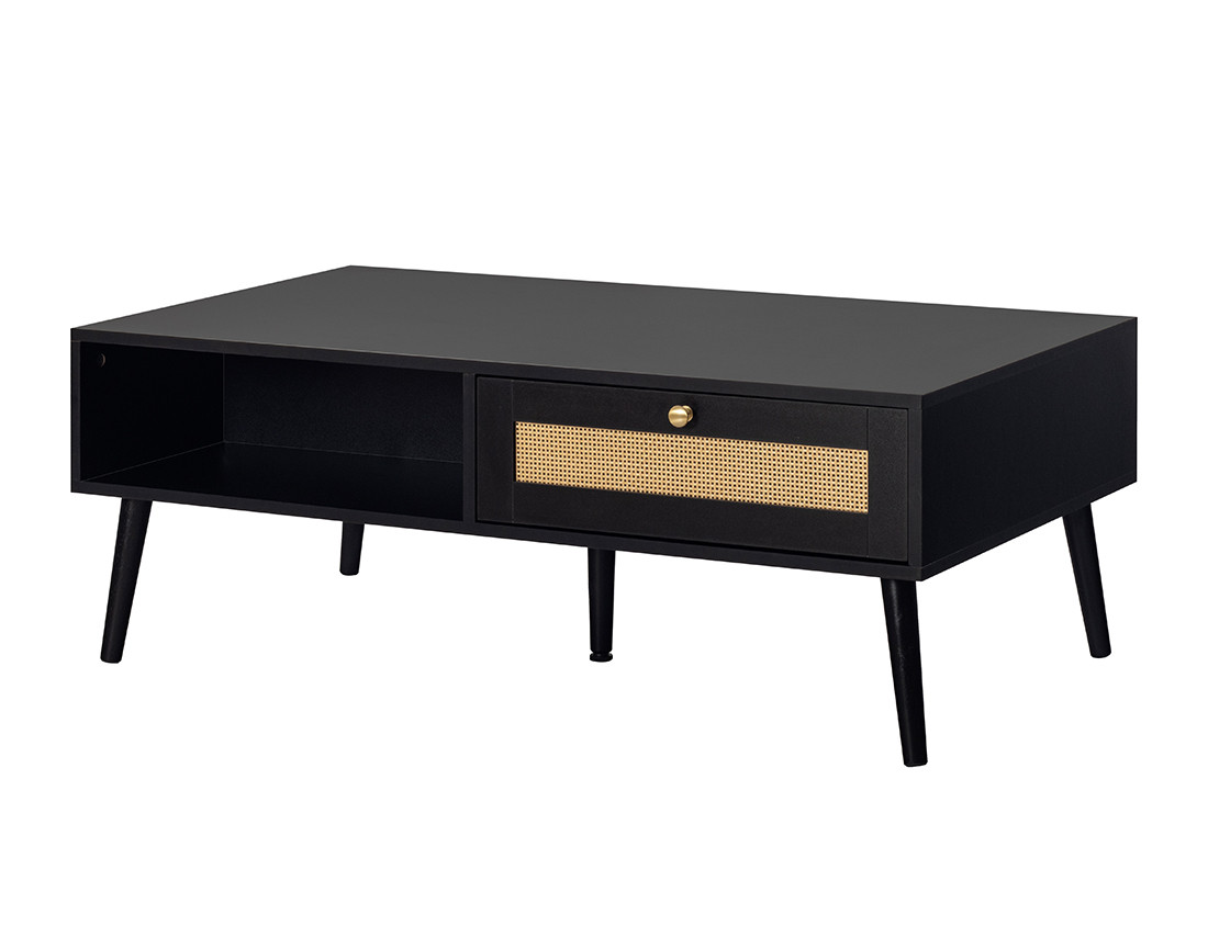 Table basse noir et cannage 1 tiroir et 1 niche 110 cm Goto