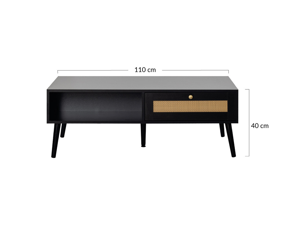 Table basse noir et cannage 1 tiroir et 1 niche 110 cm Goto