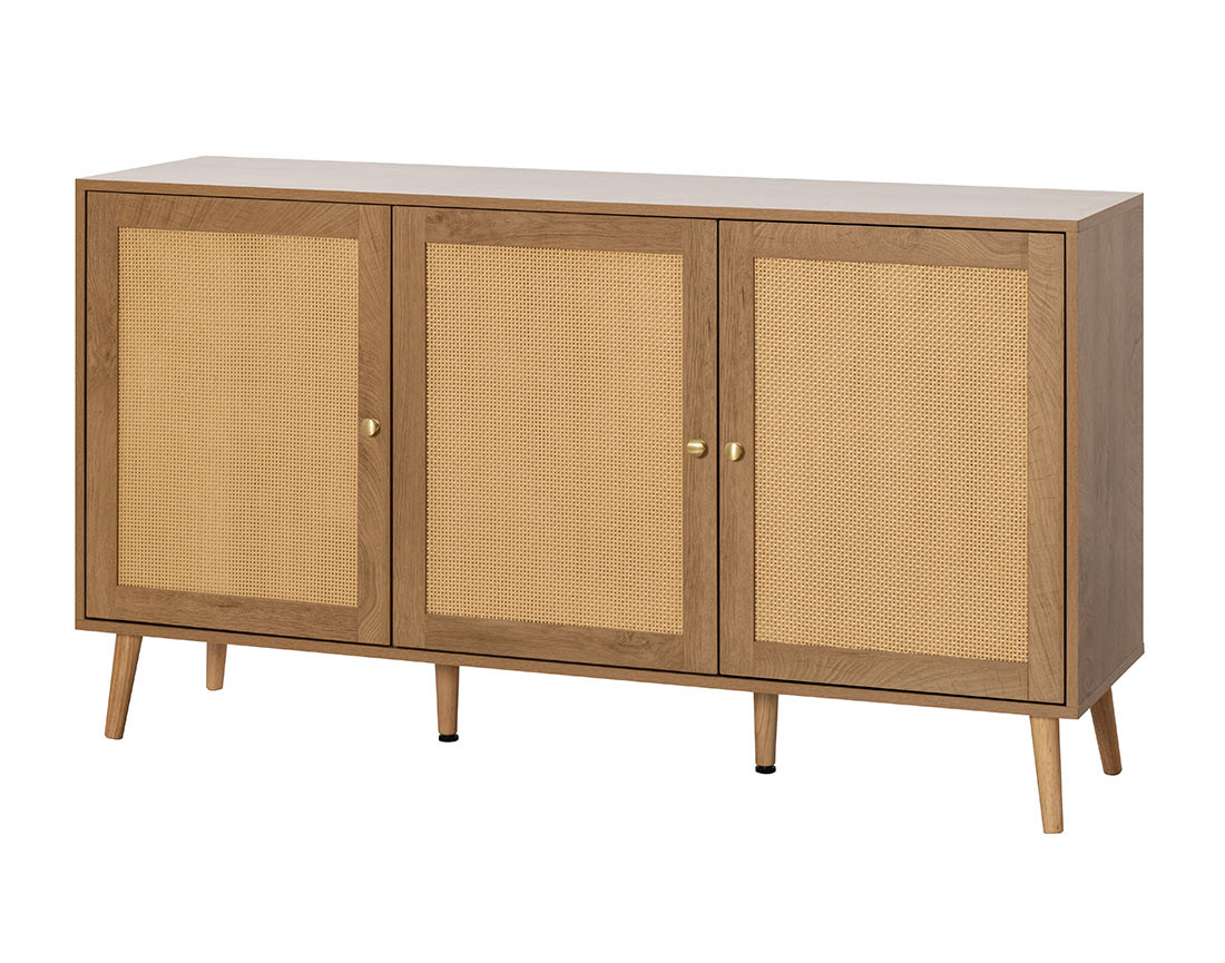 Buffet bas bois et cannage 3 portes 140 cm Goto