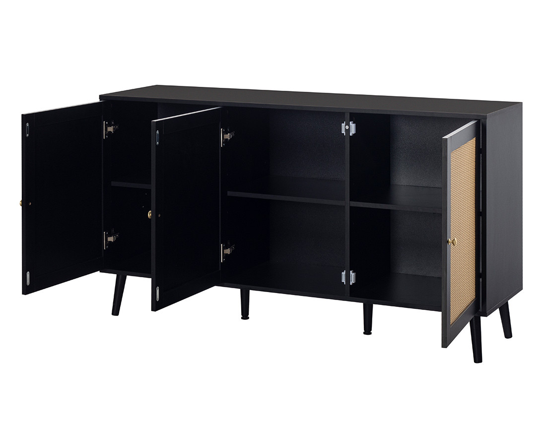Buffet bas noir et cannage 3 portes 140 cm Goto