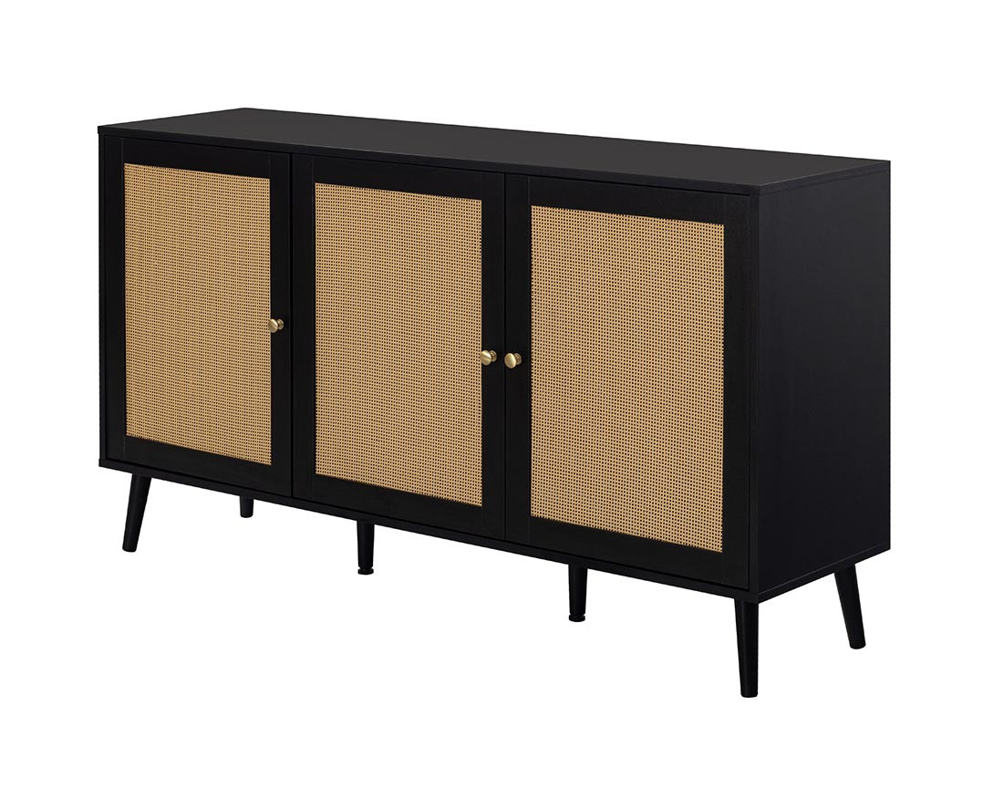 Buffet bas noir et cannage 3 portes 140 cm Goto