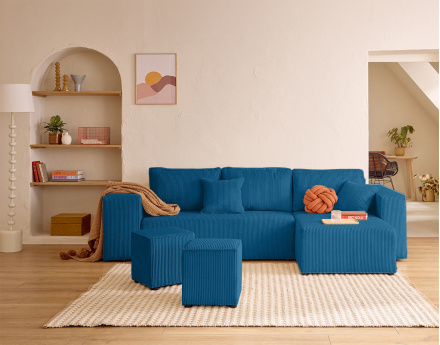 Canapé d'angle convertible en velours côtelé avec poufs Topaze