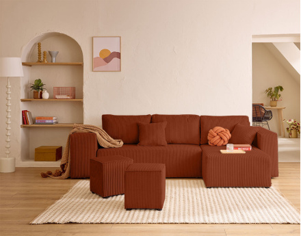 Canapé d'angle convertible en velours côtelé avec poufs Topaze