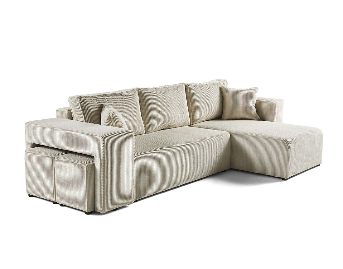Canapé d'angle convertible en velours côtelé avec poufs Topaze