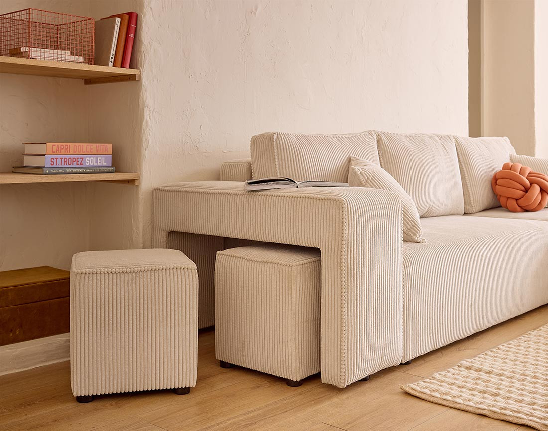 Canapé d'angle convertible en velours côtelé avec poufs Topaze