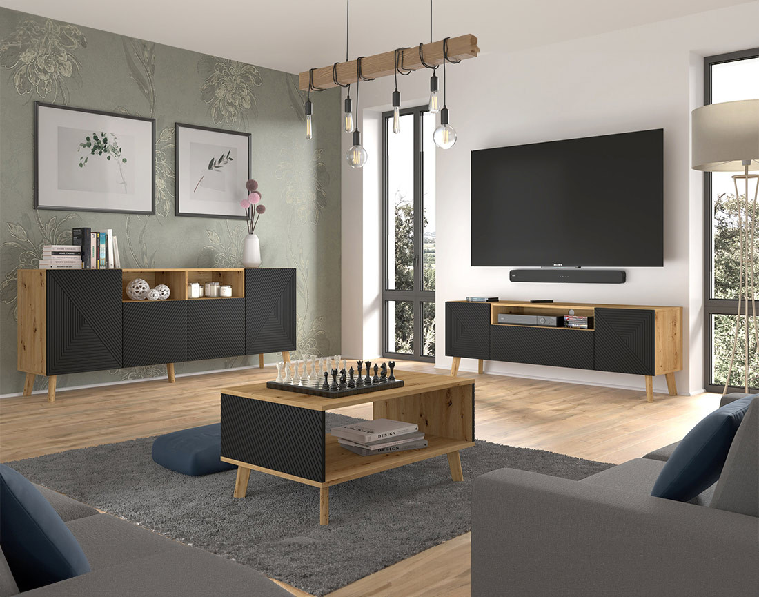 Meuble TV bois et noir 3 portes et 1 niche 160 cm Velato