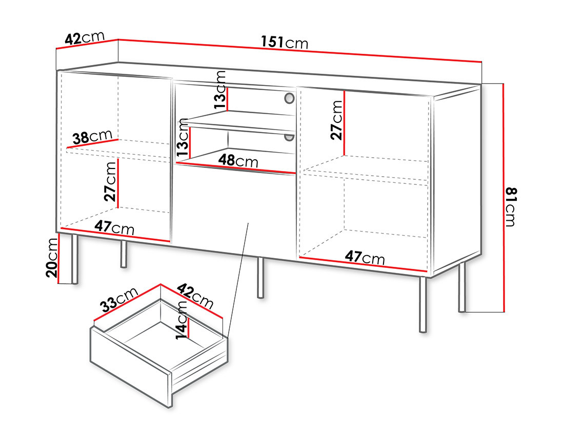 Buffet bas bois 2 portes, 2 niches et 1 tiroirs 150 cm Franco