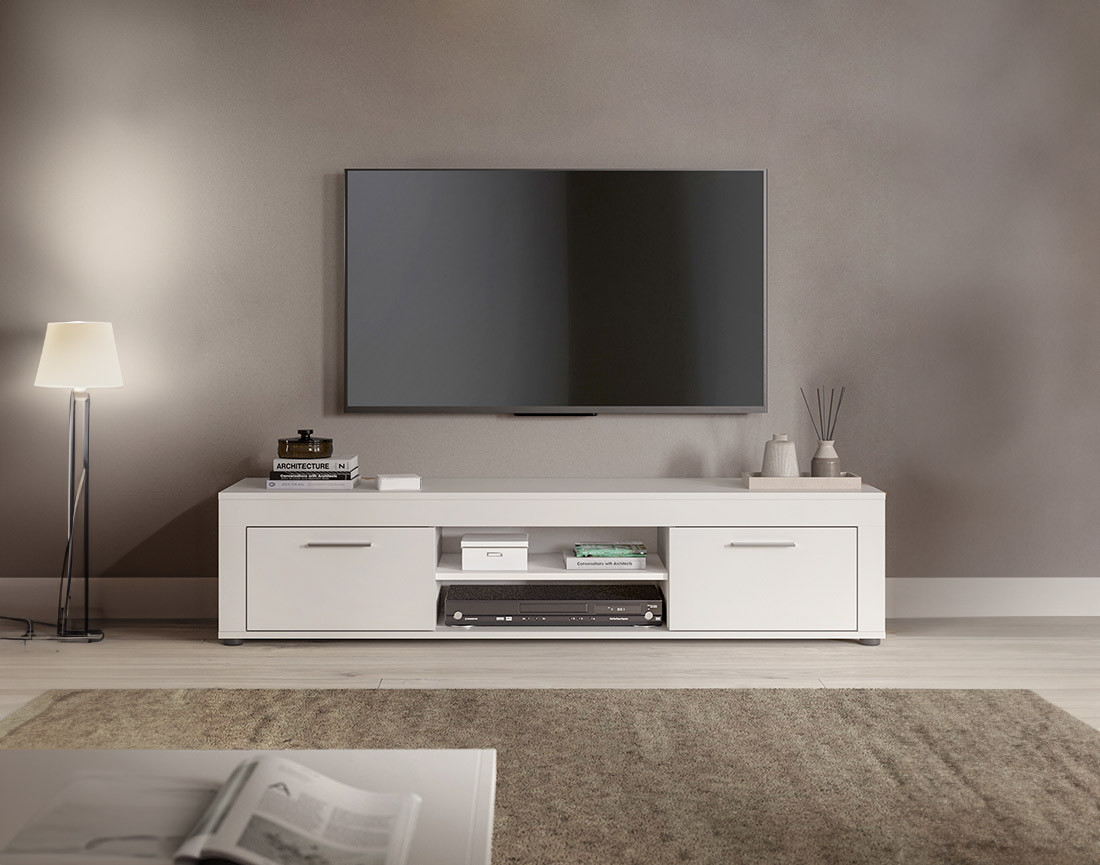 Meuble TV blanc 2 portes et 2 niches 160 cm Stafford