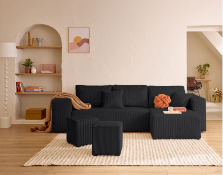 Canapé d'angle convertible en velours côtelé avec poufs Topaze