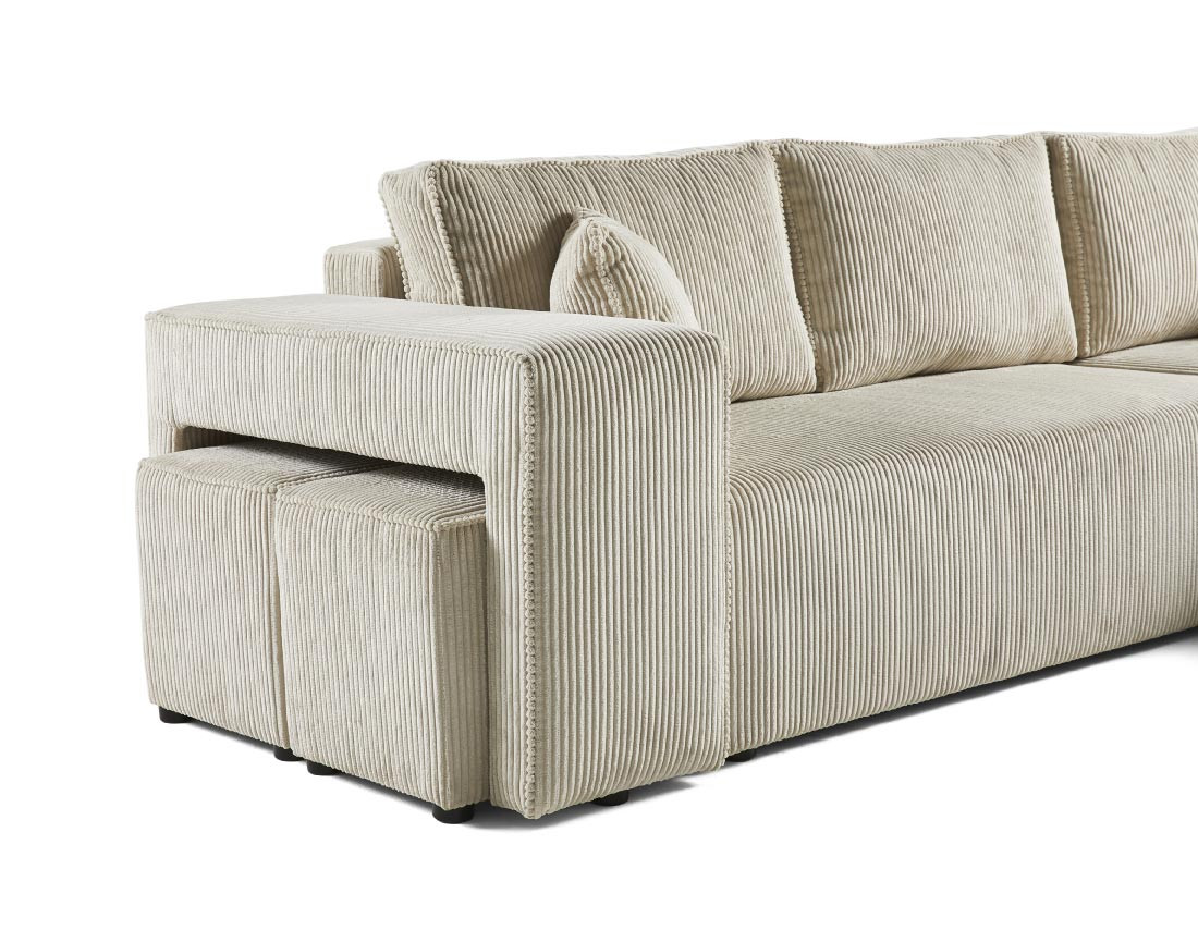 Canapé d'angle convertible en velours côtelé avec poufs Topaze