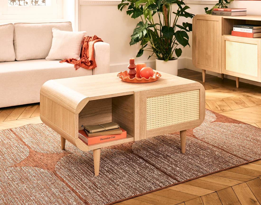 Table basse bois et cannage 1 niche 100 cm Mathilde